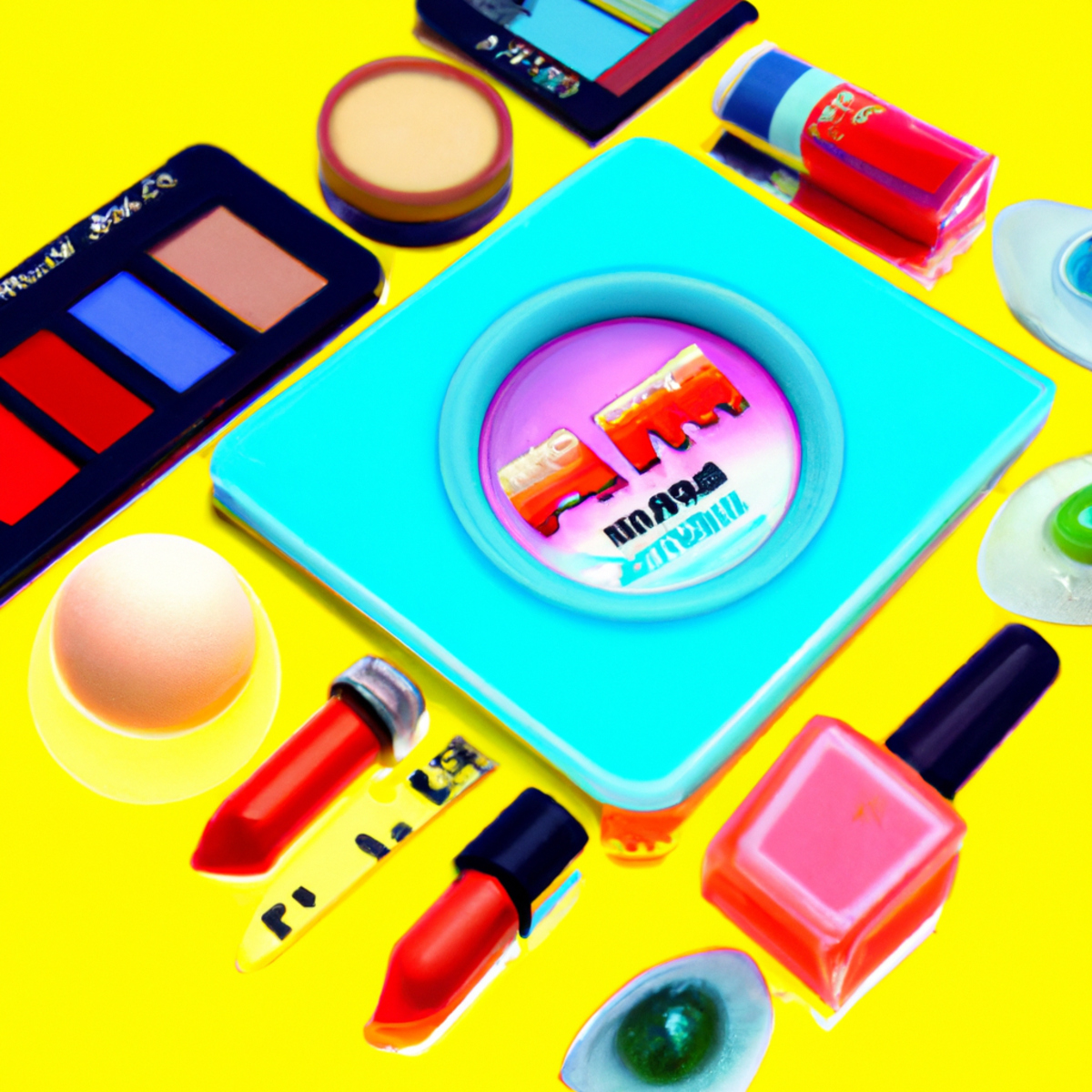 Vibrant neon makeup products arranged on reflective surface, capturing mesmerizing play of light and color.