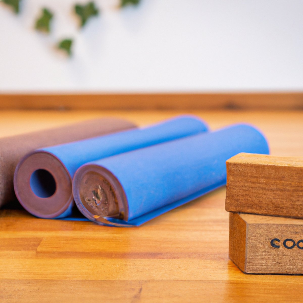 Serene yoga gear on wooden floor: vibrant mat, cork blocks, pastel strap, incense holder, Buddha statue. Natural lighting enhances ambiance.