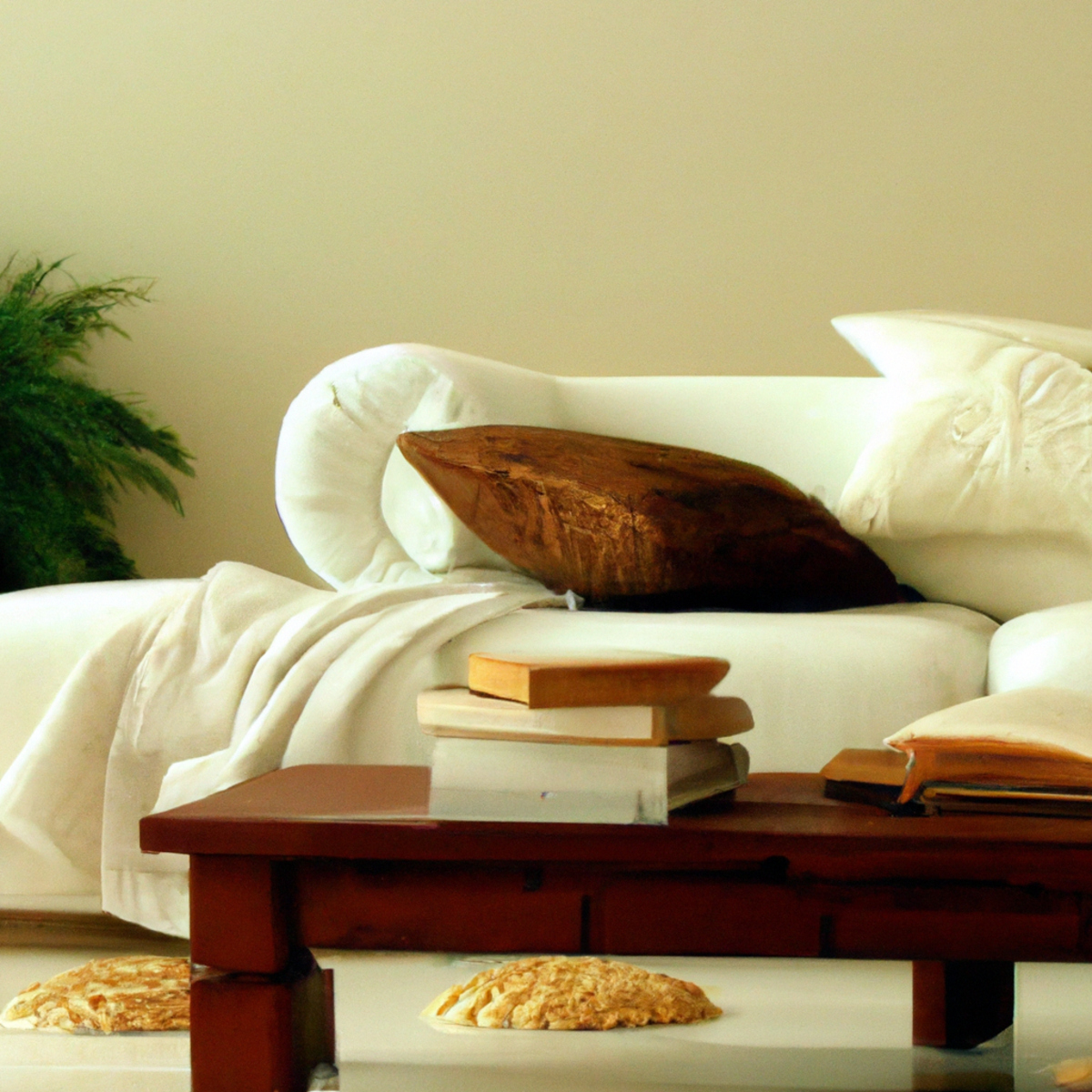 A serene living room with cozy armchair, blanket, tea, books, and motivational art promotes relaxation and self-care.