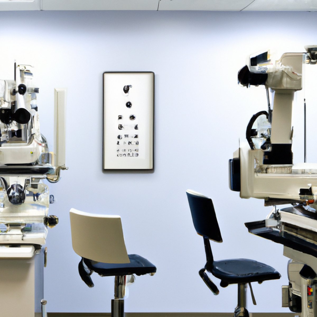 Modern ophthalmologist's office with advanced equipment, emphasizing vision assessment for Alport Syndrome.