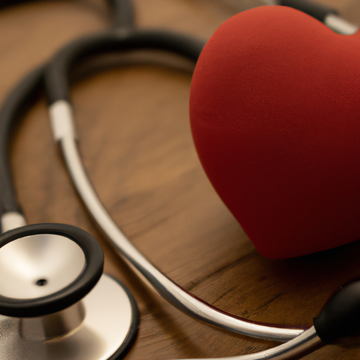 Close-up of stethoscope and heart-shaped stress ball on table, highlighting intricate details and soft texture. Warm lighting creates inviting atmosphere, representing importance of cardiac examination and stress management in athletes with hypertrophic cardiomyopathy.