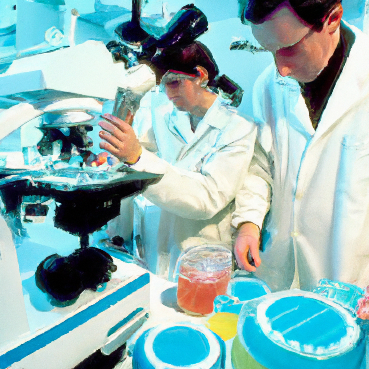 Scientists in lab coats working diligently in a well-equipped research facility, conducting experiments and analyzing data.