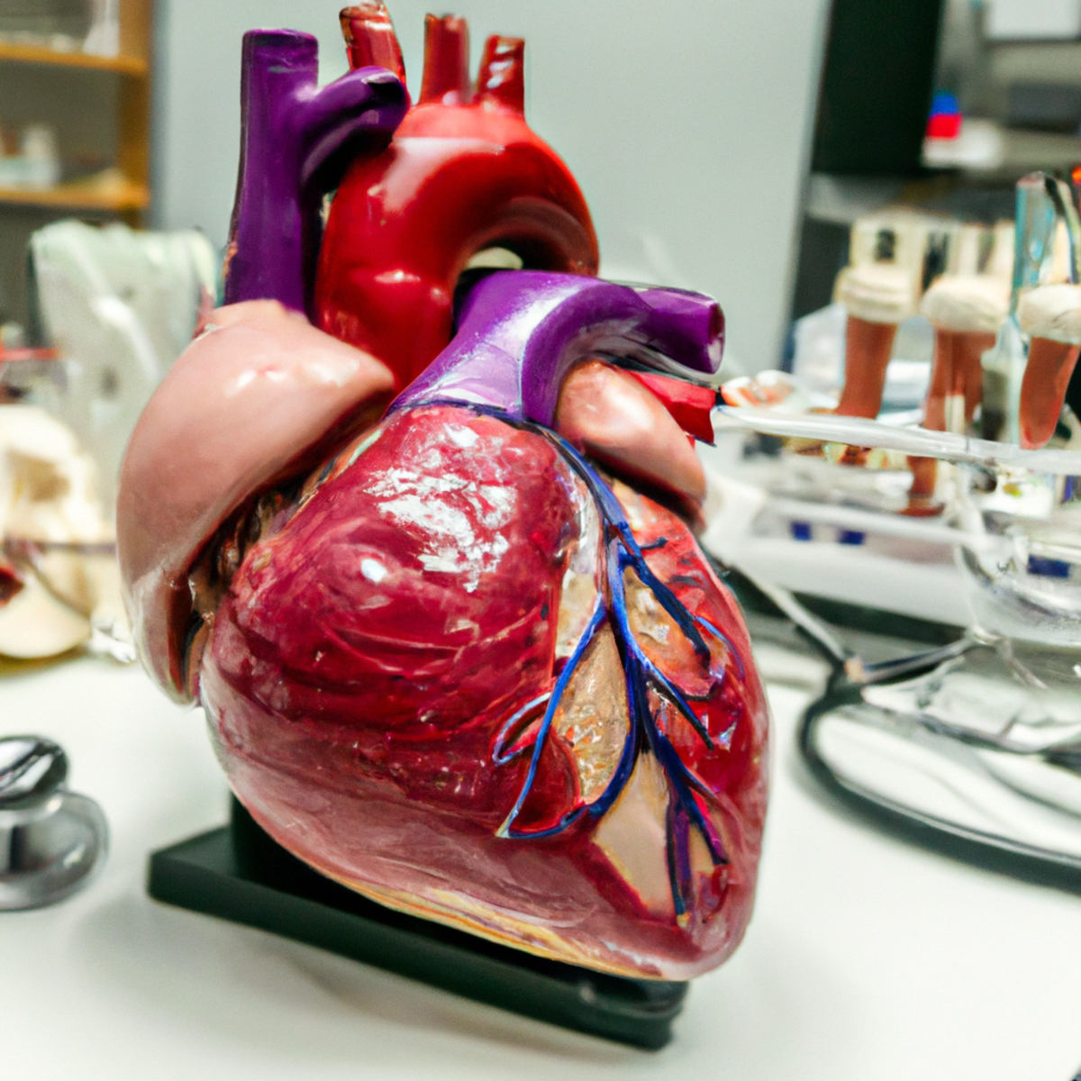 Close-up of detailed human heart model on lab table with medical instruments, symbolizing Fabry Disease study.