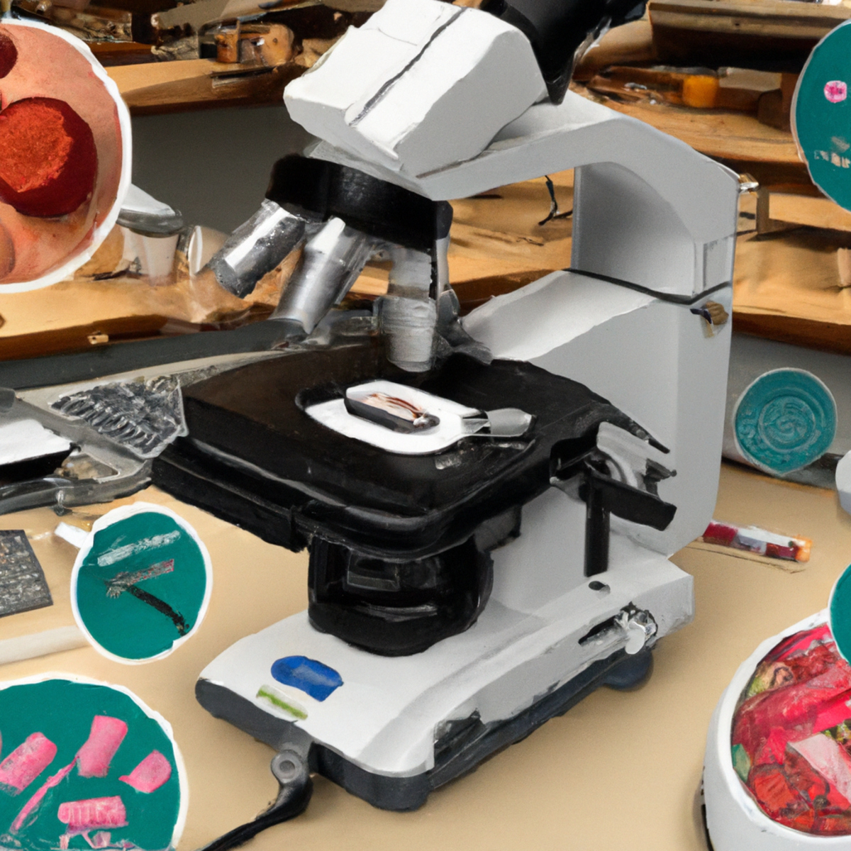 Lab setting with microscope, test tubes, petri dishes, computer screen, textbooks, and research papers for Langerhans Cell Histiocytosis research.