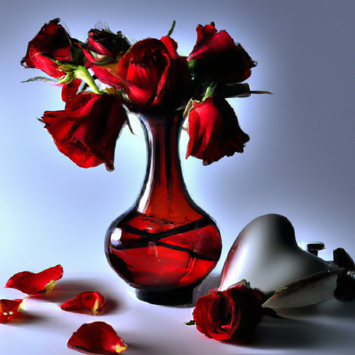 Delicate glass heart vase filled with vibrant red roses symbolizes the fragility of Broken Heart Syndrome.