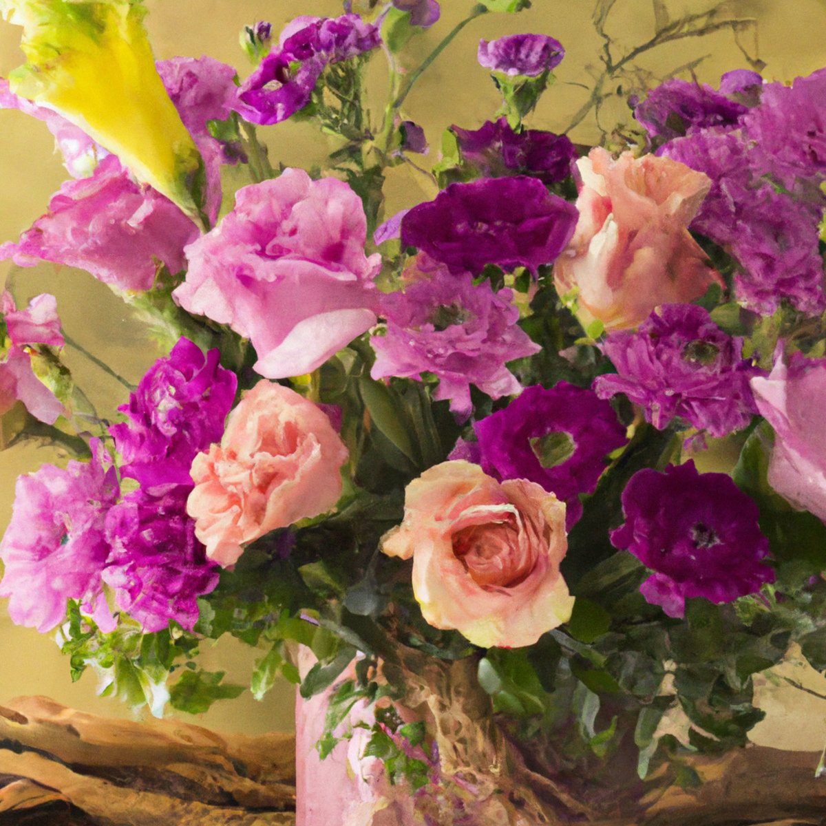 Vibrant bouquet of pink, purple, and yellow flowers in an elegant vase, exuding tranquility and harmony-Kabuki Syndrome
