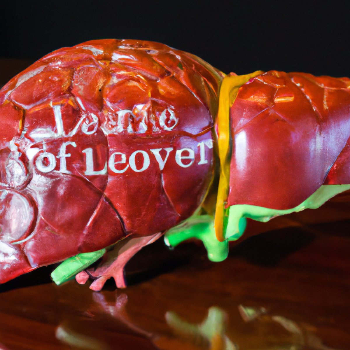 Close-up of lifelike liver model on lab table, showcasing lobes, blood vessels, and bile ducts - Alagille Syndrome
