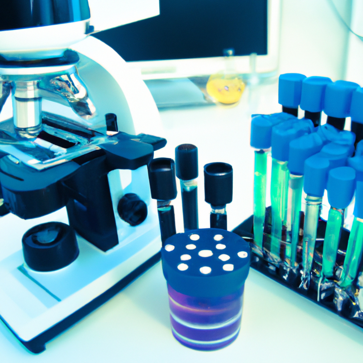 Vivid image of medical equipment used in genetic testing: DNA sequencing machine, microscope, test tubes, and genetic code sequence on a computer monitor.