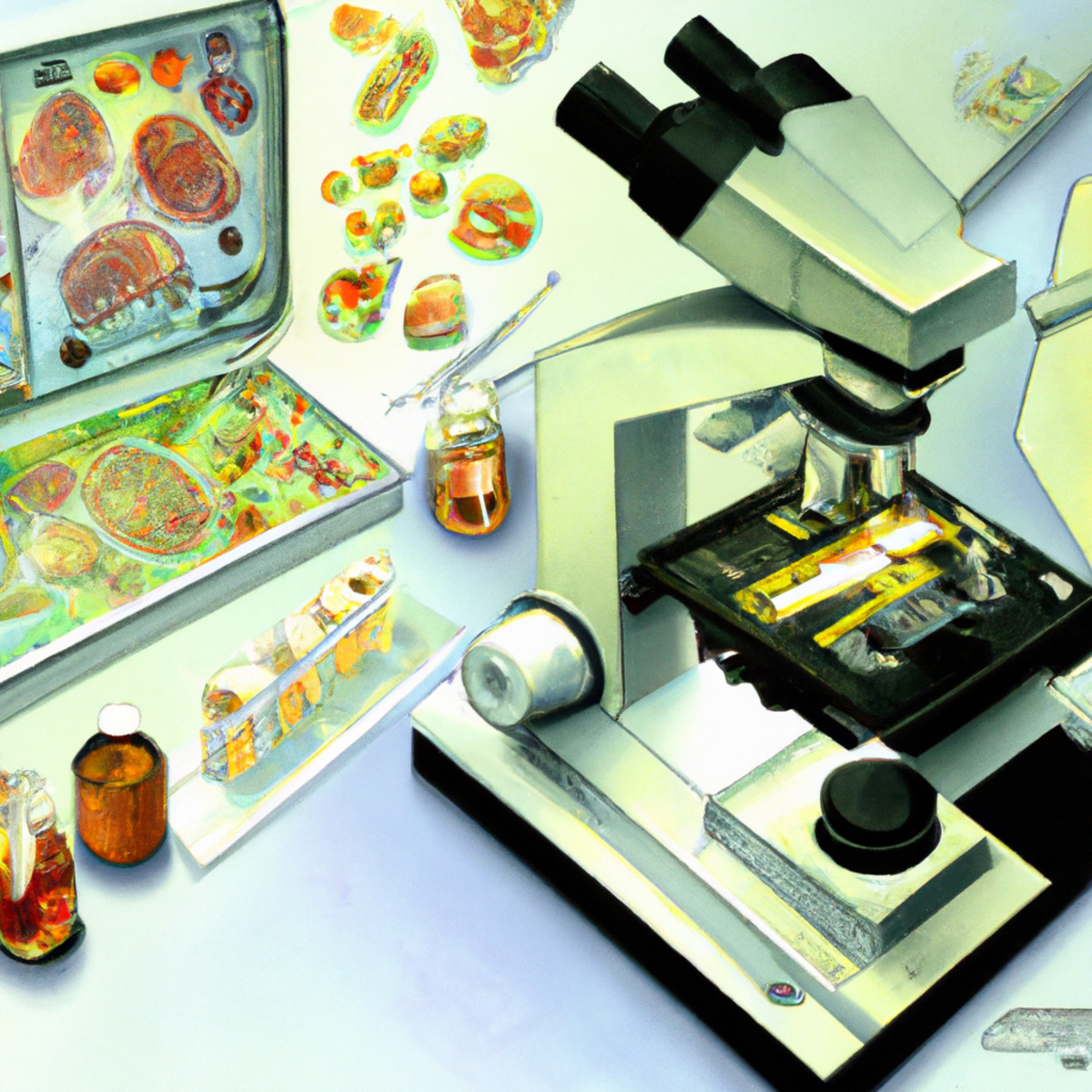 Lab bench with scientific instruments, microscope slide displaying neural network model, emphasizing complexity of Stiff Person Syndrome.