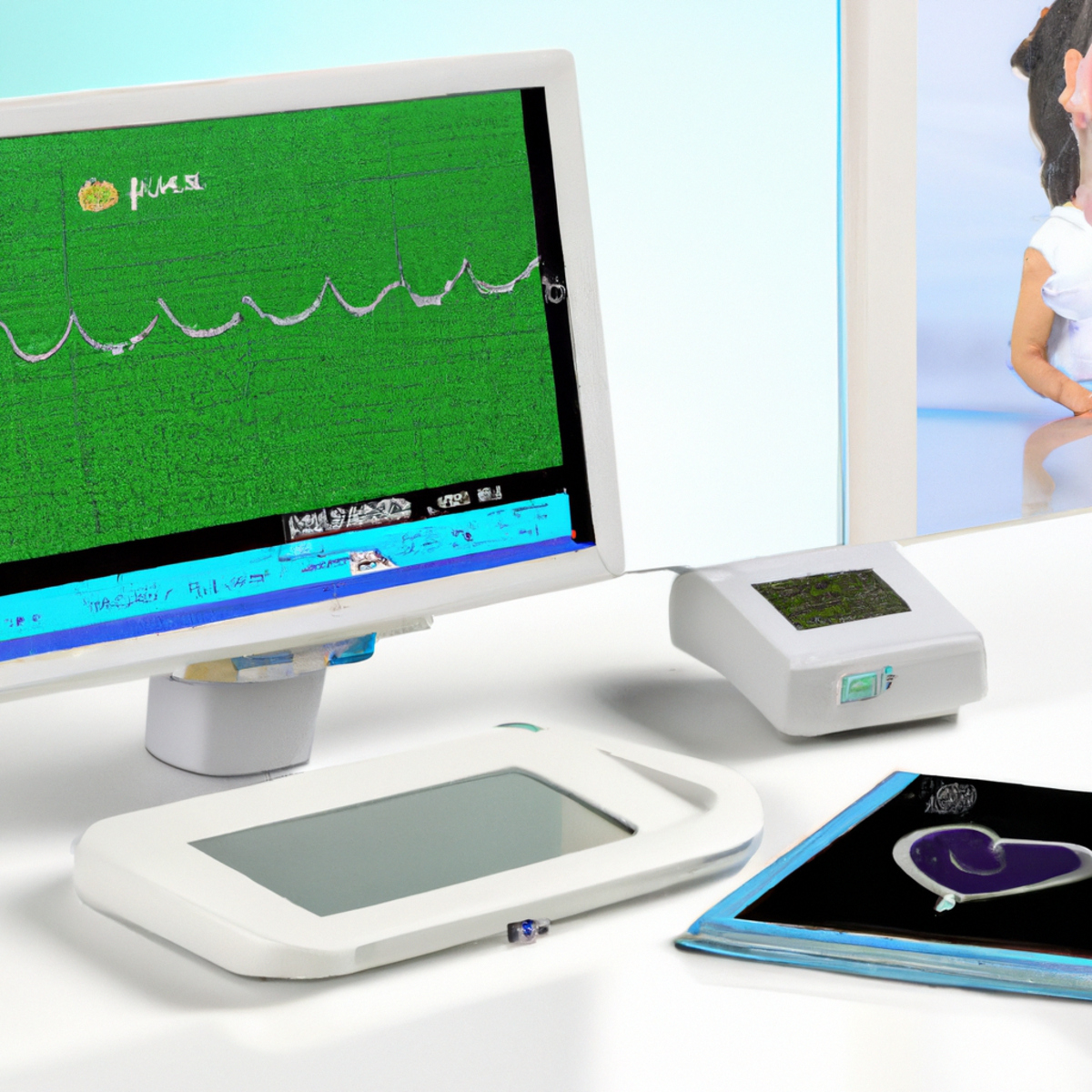 State-of-the-art ECG machine on white countertop displays vibrant heart rhythm graph, with stethoscope, records, and pen nearby -Fabry Disease

