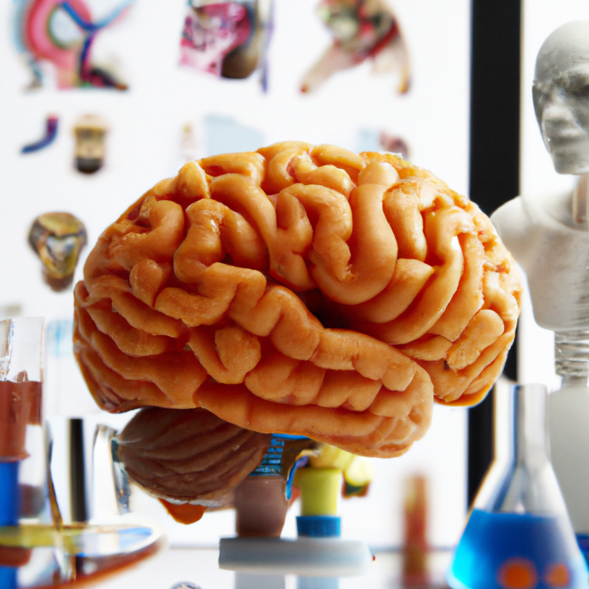 Close-up of lifelike brain model on lab table surrounded by scientific instruments, showcasing neural pathways and structures.