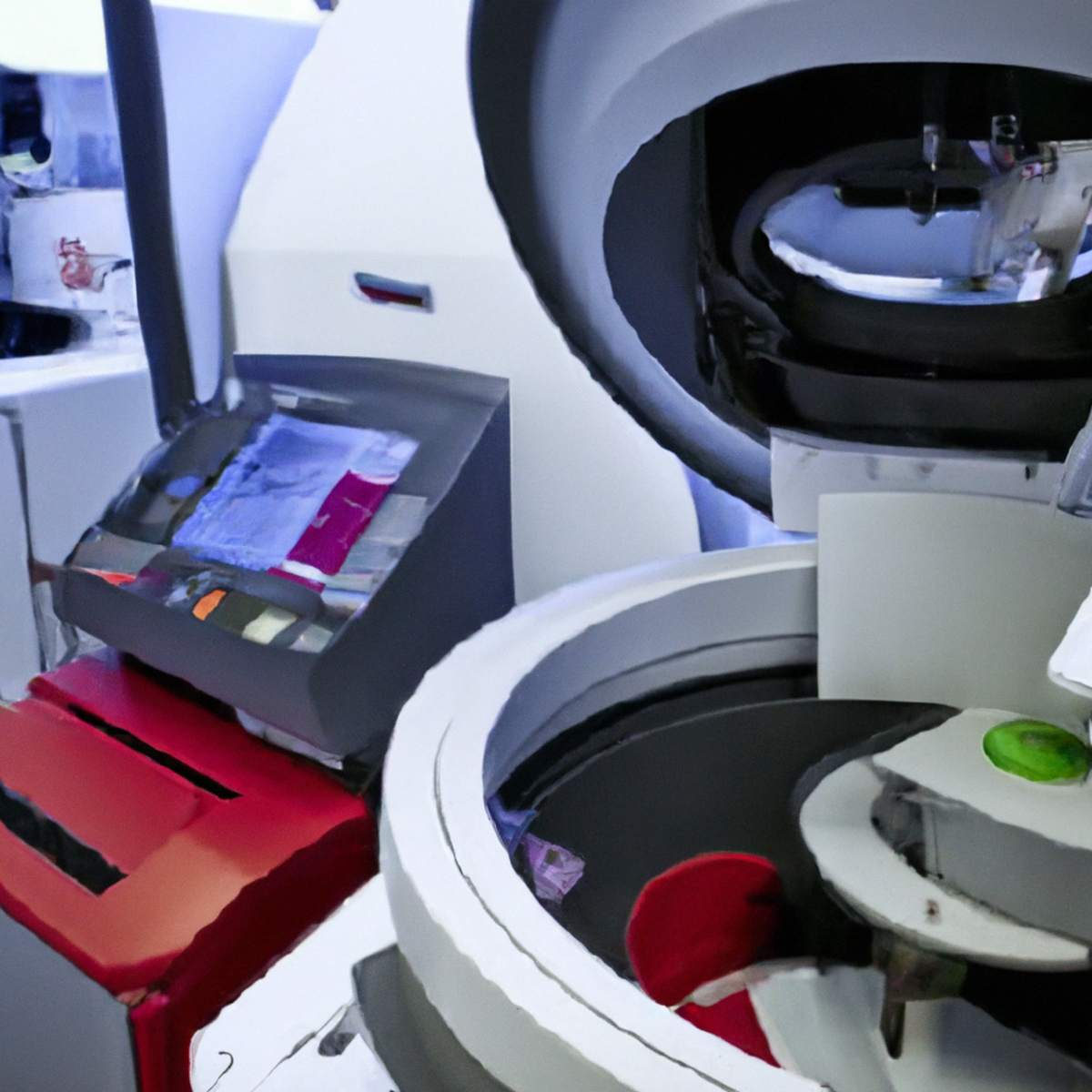 High-tech laboratory with centrifuge separating blood components, symbolizing precision in hemochromatosis research.