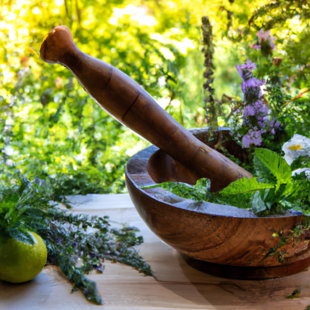 Serene garden scene with vibrant herbs, mortar and pestle, sunlight, and gentle breeze, embodying natural healing.