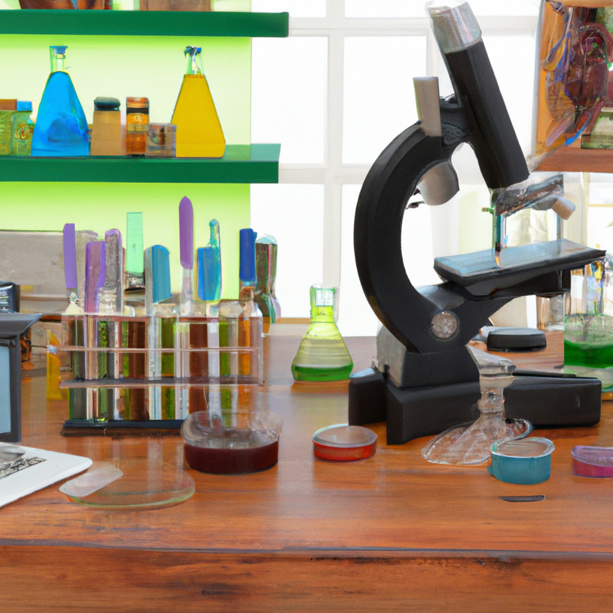Laboratory scene with microscope, test tubes, petri dishes, computer screen, books, and reference materials. Symbolizes scientific exploration of Floating-Harbor Syndrome.