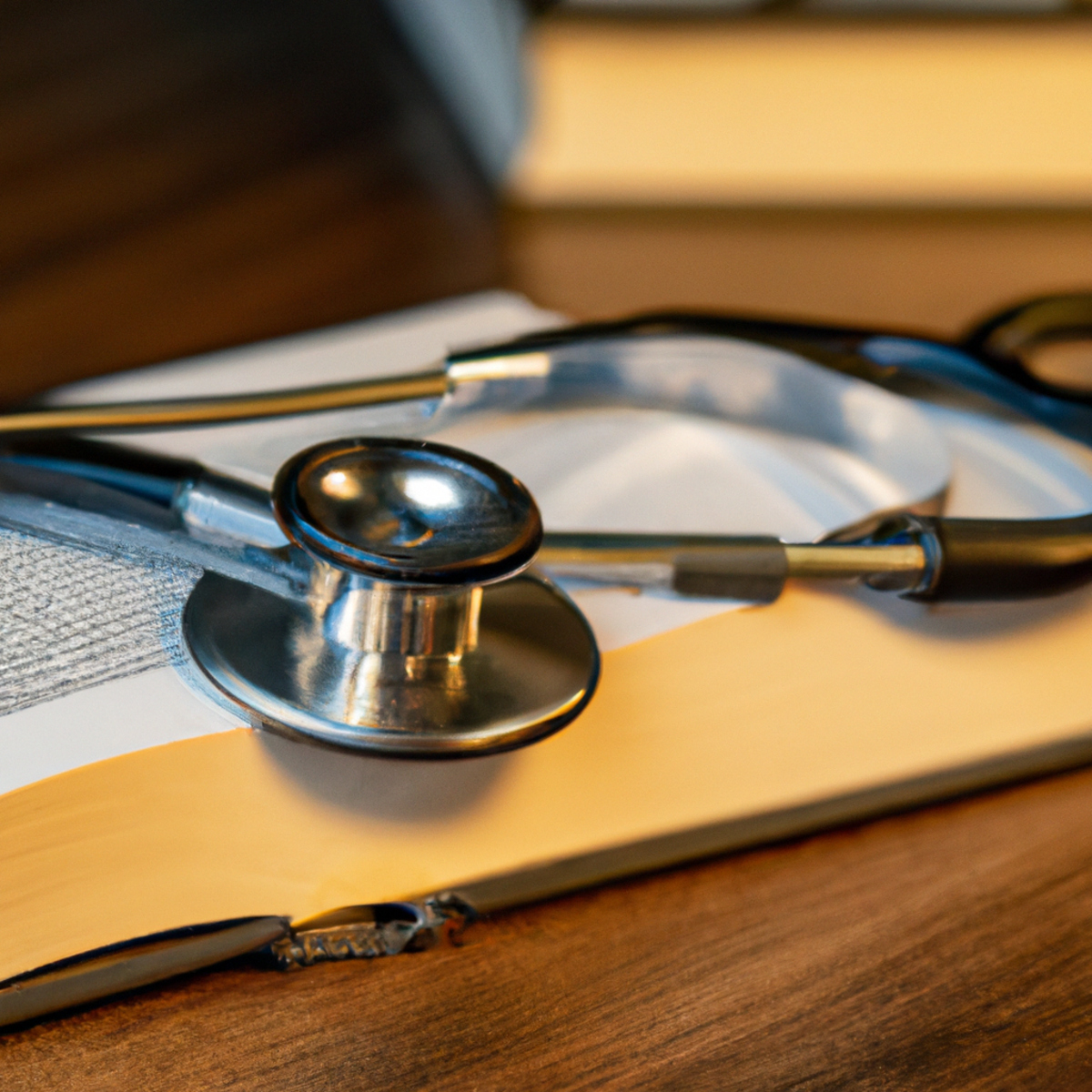 Close-up of stethoscope on table, symbolizing medical examination and heart health. Books and papers highlight research on Kawasaki Disease's impact on heart.