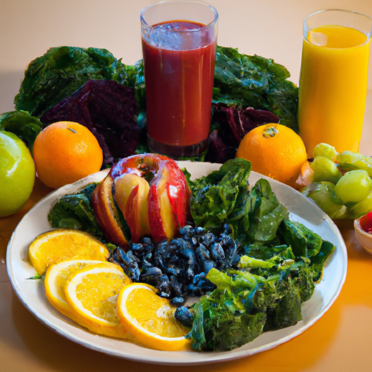 Colorful and nutritious dining table with fruits, vegetables, juice, grains, nuts, and seeds. Promotes balanced meal for health and weight management.