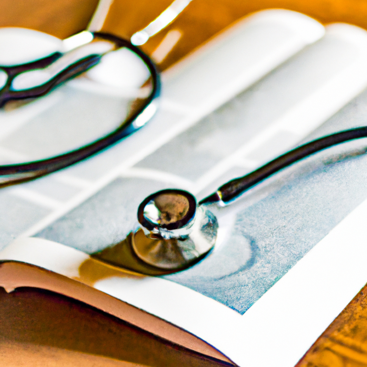 Close-up of a polished stethoscope on a wooden table, with medical book, heart-shaped paperweight, pen, and notepad - Loeys-Dietz Syndrome