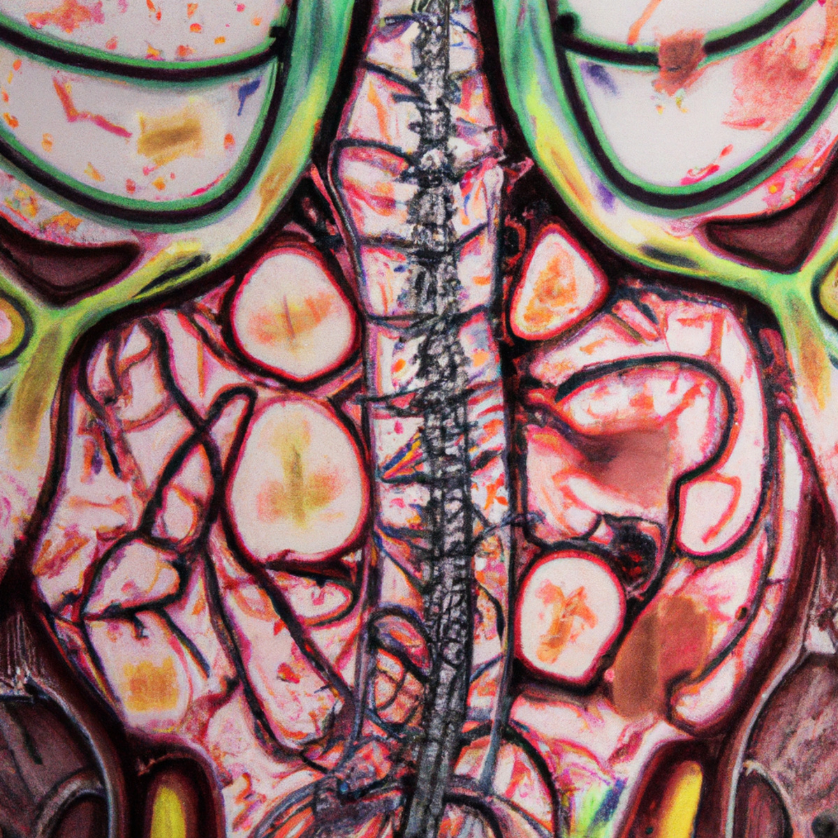 Close-up view of LAM-affected organs, showcasing intricate blood vessels, vibrant colors, and textures, emphasizing their interconnectedness.