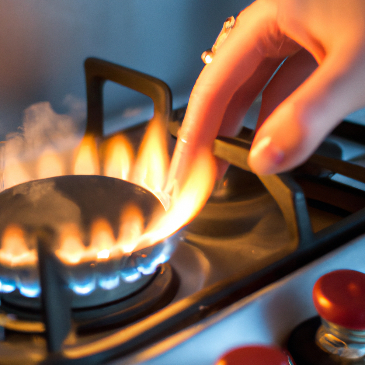 Hand touching hot stove burner, no pain. CIPA's insensitivity to pain shown amidst kitchen hazards -Congenital Insensitivity to Pain with Anhidrosis (CIPA)