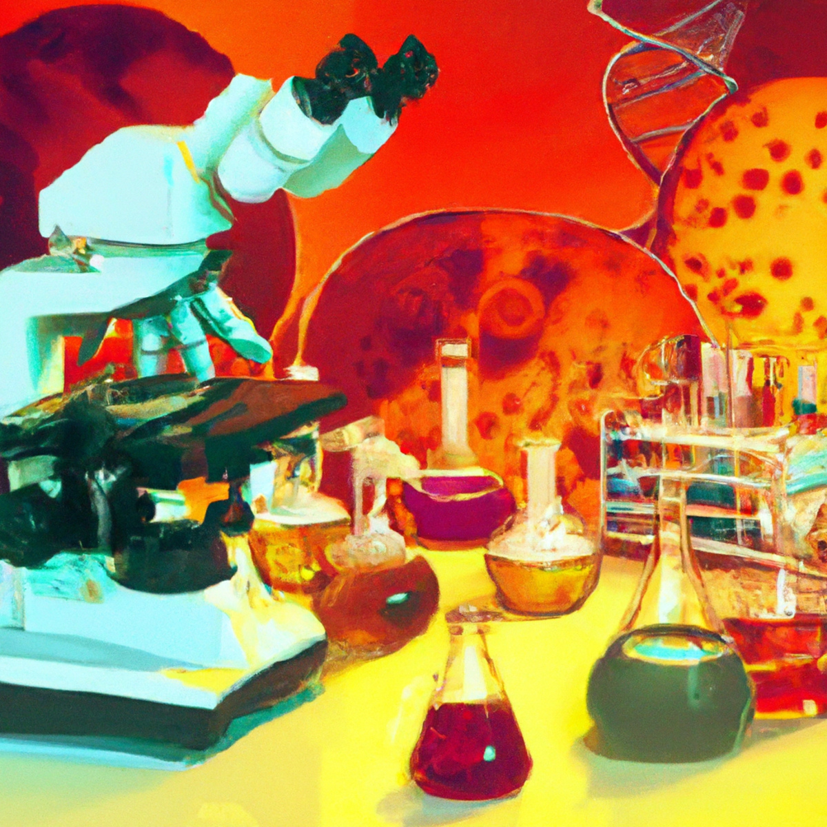 Scientific lab with instruments, test tubes, microscopes, and petri dishes, representing exploration of Rasmussen's Encephalitis.