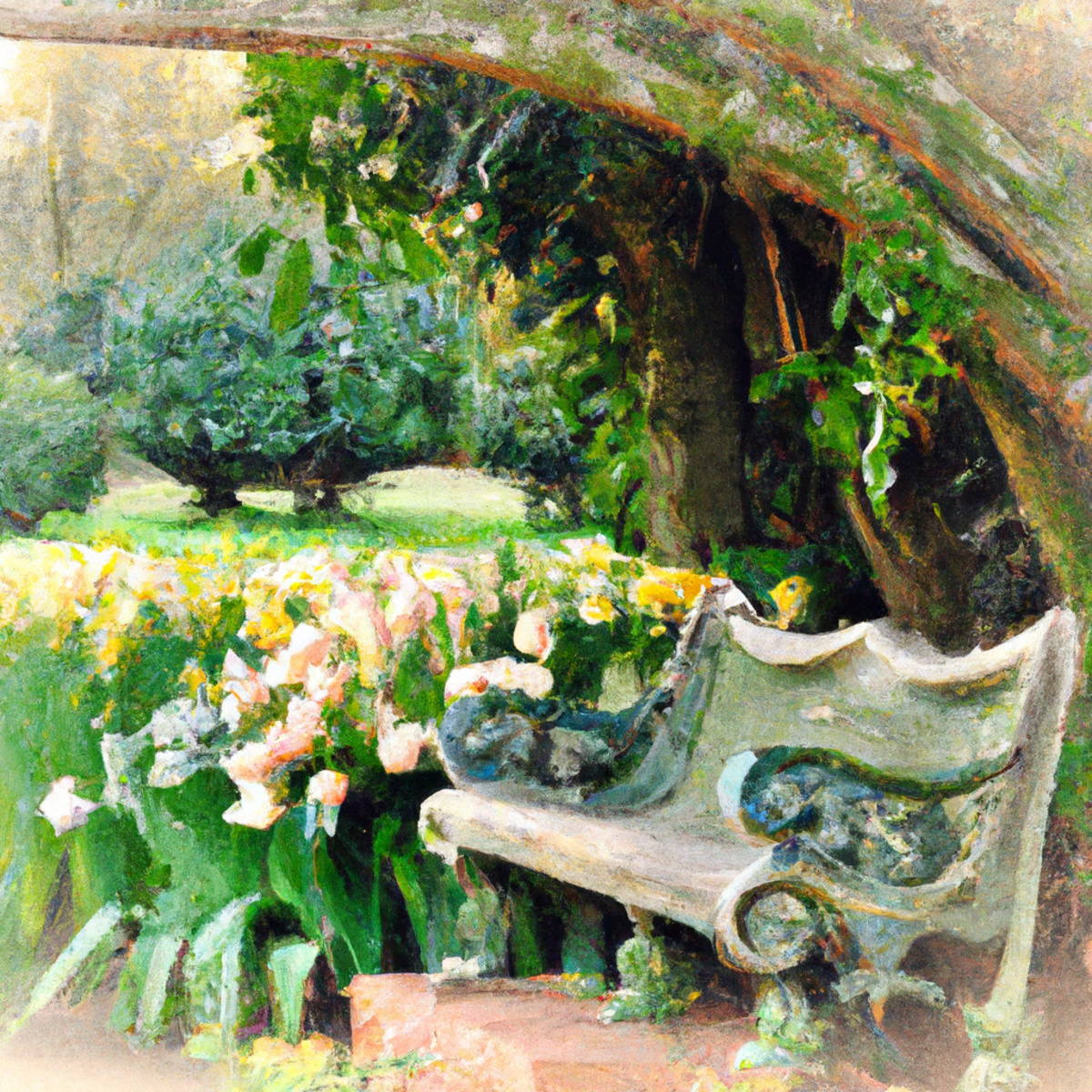 Serene garden with vibrant flowers and a weathered stone bench, symbolizing solace and contemplation for those with cystinuria.