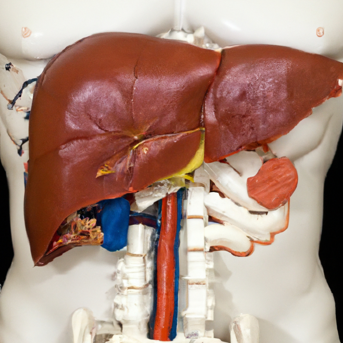 Close-up of a detailed liver model, showcasing lobes, blood vessels, and bile ducts, with realistic textures and colors - Budd-Chiari Syndrome
