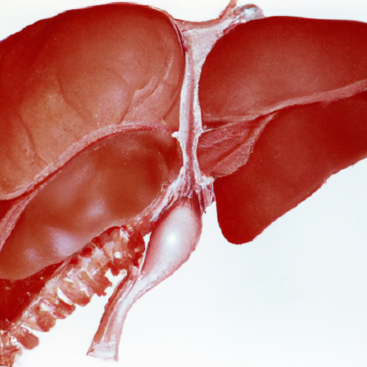 Close-up of healthy liver specimen showcasing intricate blood vessels, smooth texture, and presence of bile ducts. Magnifying glass symbolizes in-depth examination of Caroli Disease's impact on liver function.
