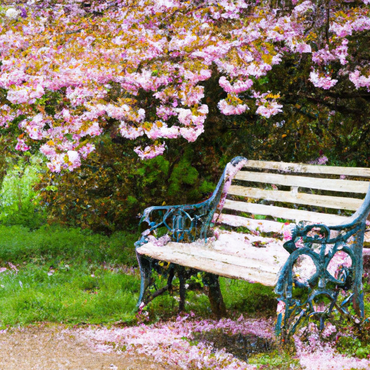 Serene park bench under cherry blossom tree, symbolizing resilience and tranquility amidst challenges of Niemann-Pick Disease.