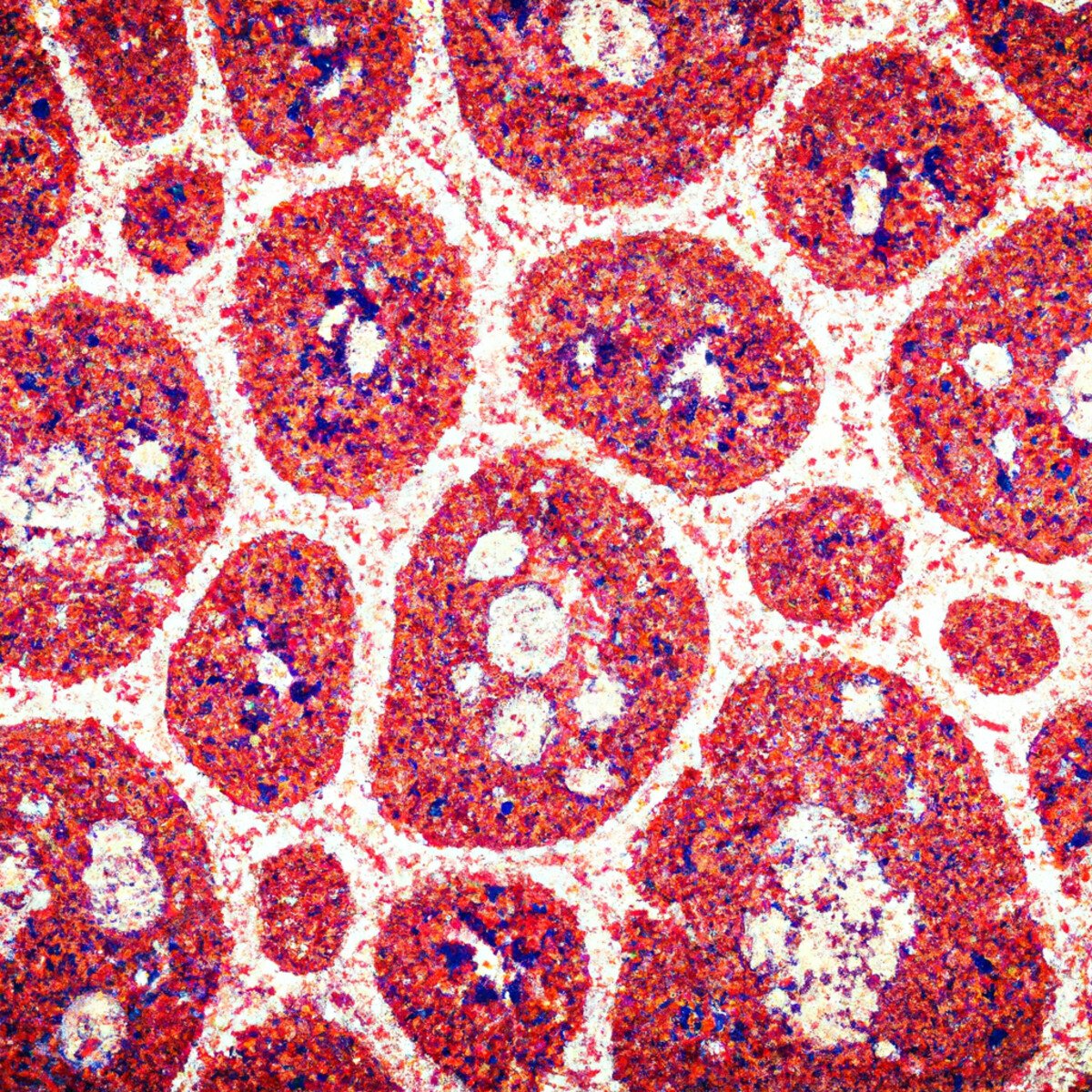 Close-up of kidney tissue sample showing abnormal protein deposits in glomeruli, indicating immune system dysfunction in Dense Deposit Disease.
