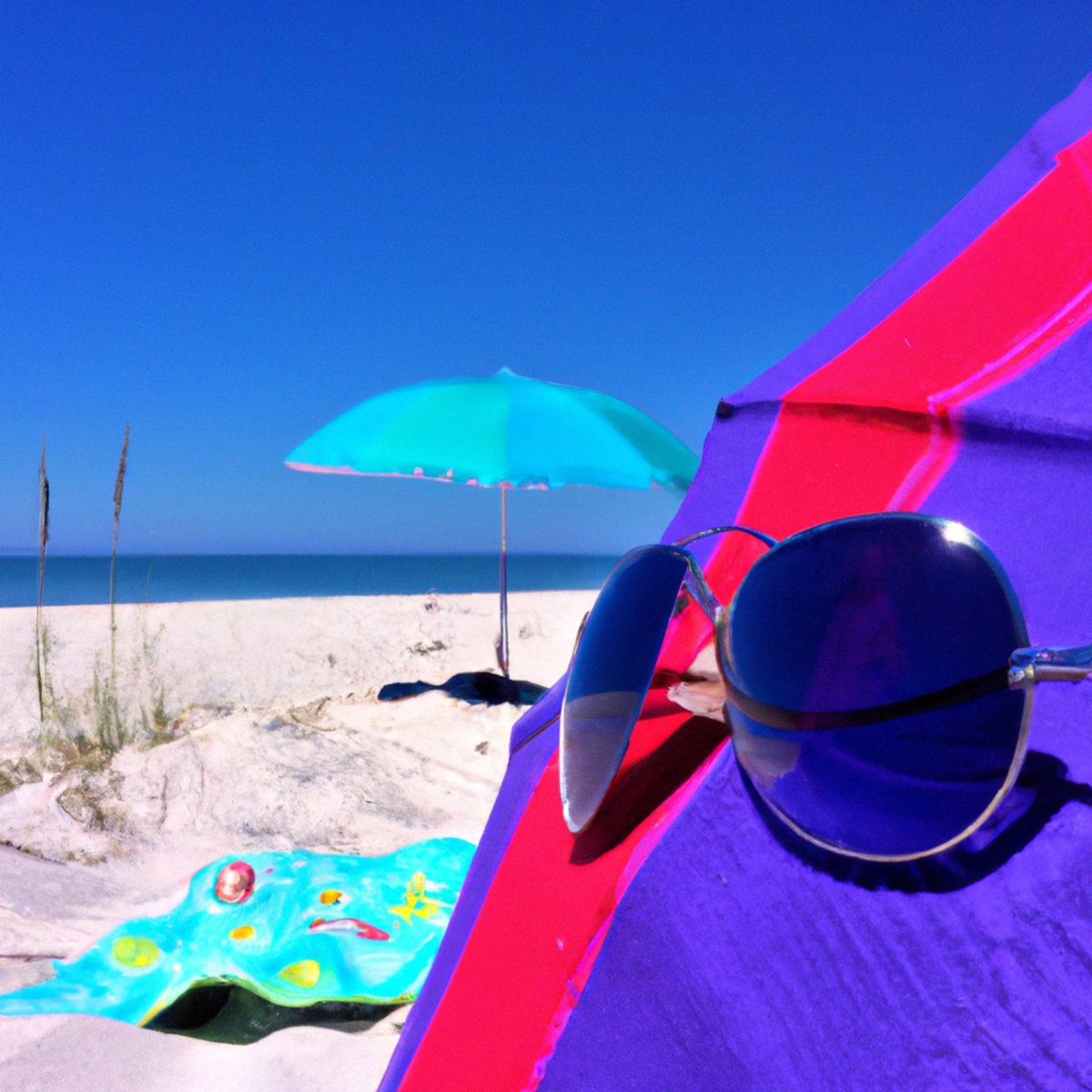 Vibrant beach umbrella and sunglasses on sandy beach with clear blue sky and gentle waves - Cockayne Syndrome
