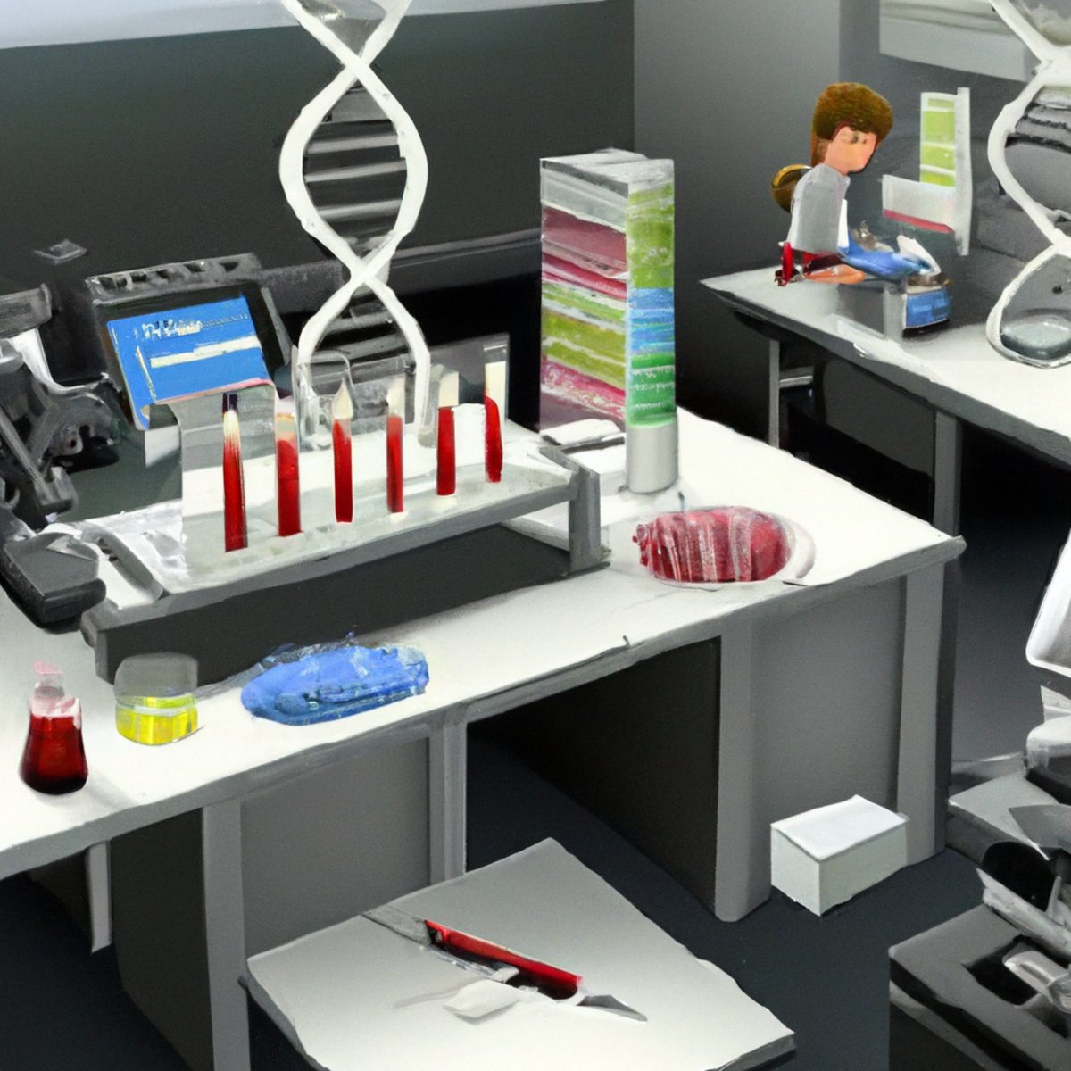 Lab equipment and computer display genetic data analysis, emphasizing meticulous diagnosis and treatment of Cockayne Syndrome.