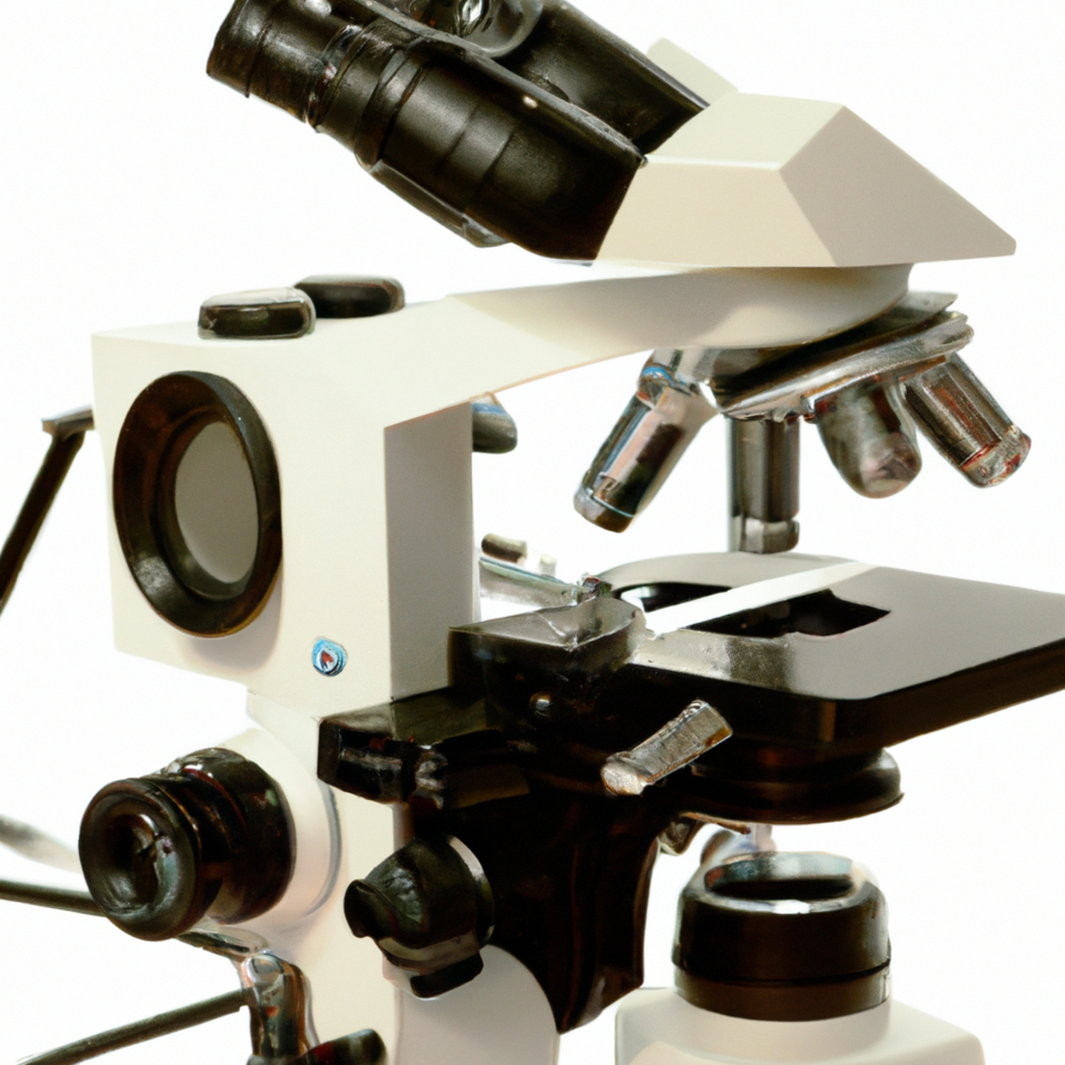 Close-up of laboratory microscope on white bench surrounded by scientific equipment, highlighting importance in study of Caroli Disease.