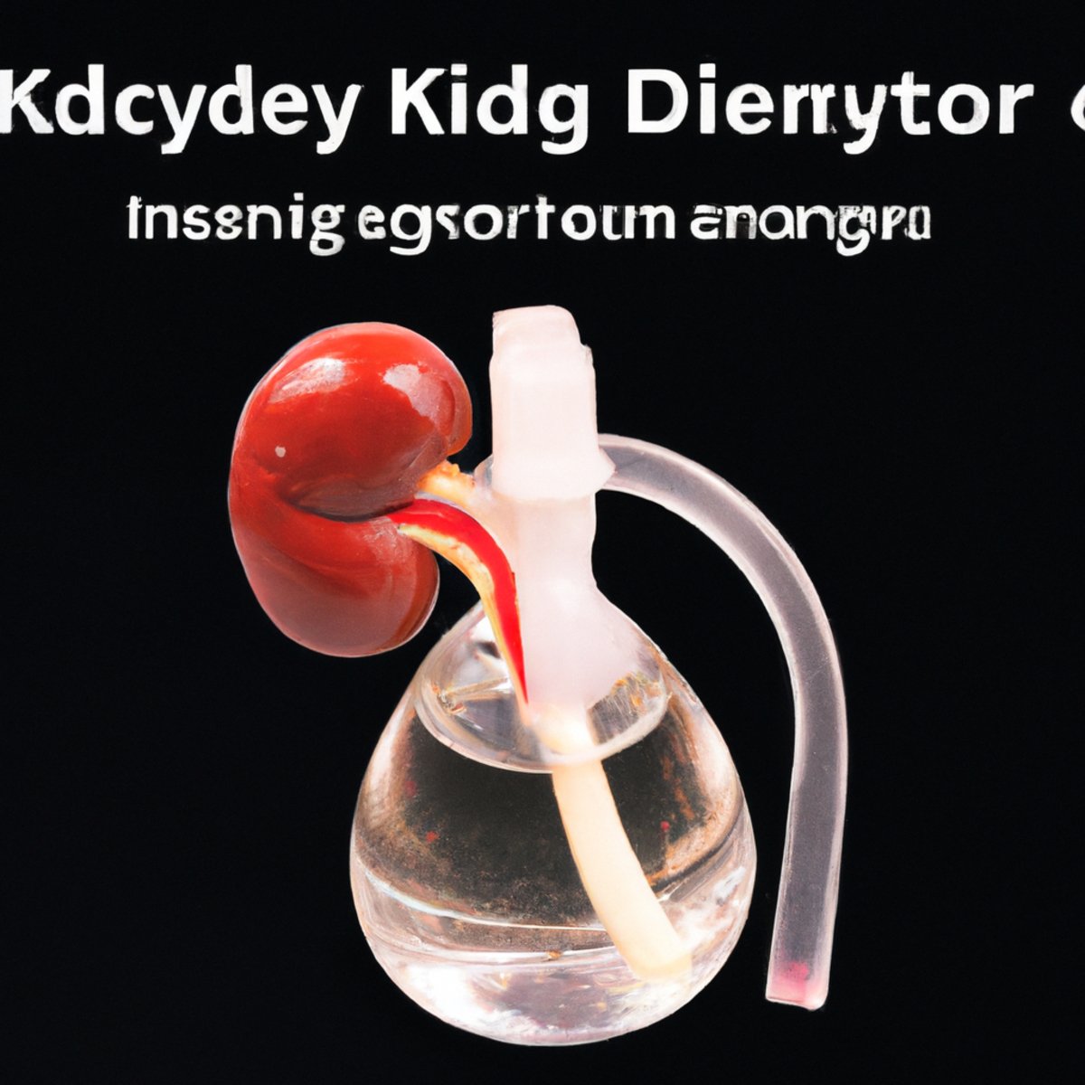Close-up of kidney-shaped glass container filled with clear liquid, red droplets suspended, highlighting damage caused by Fabry Disease.