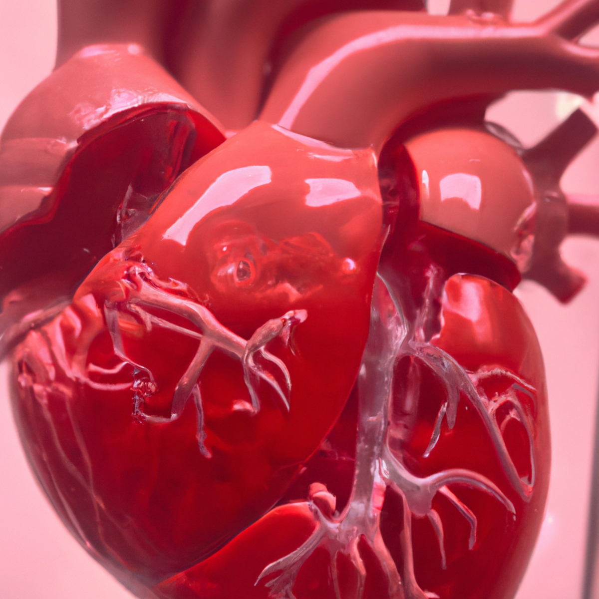 Close-up of intricate, transparent heart model with vibrant red color, showcasing abnormal enlargement and irregular shape of ventricles - Hypertrophic Cardiomyopathy (HCM)