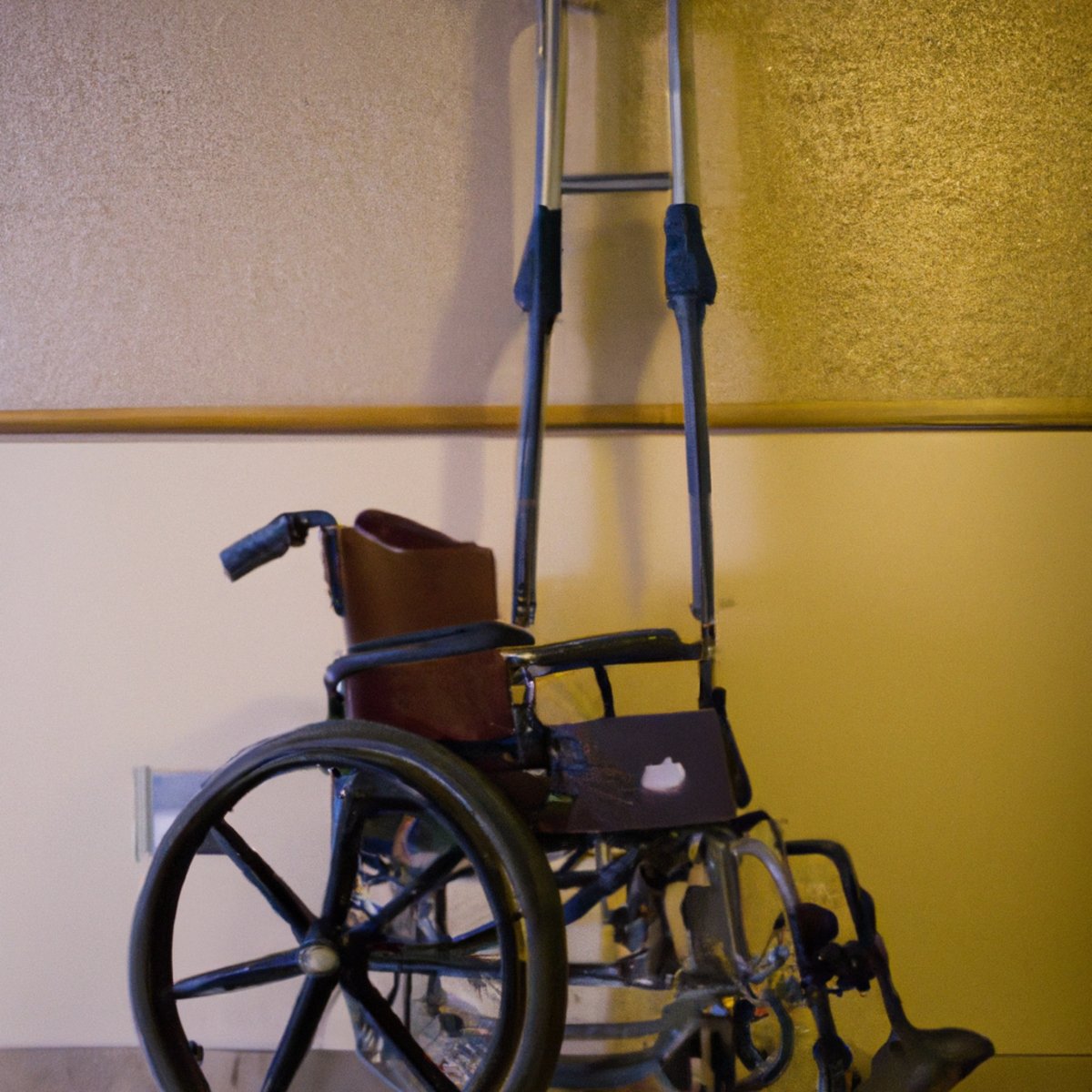 Well-worn wheelchair and crutches symbolize daily challenges and resilience - Jansen's Metaphyseal Chondrodysplasia patients.