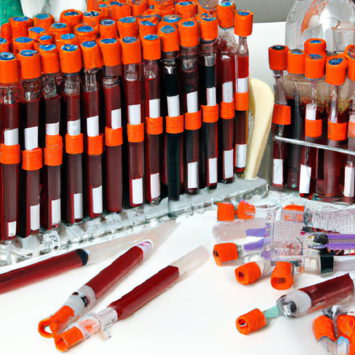 Medical equipment symbolizing hemochromatosis journey: blood-filled vials, syringes, and test tubes on a white table.