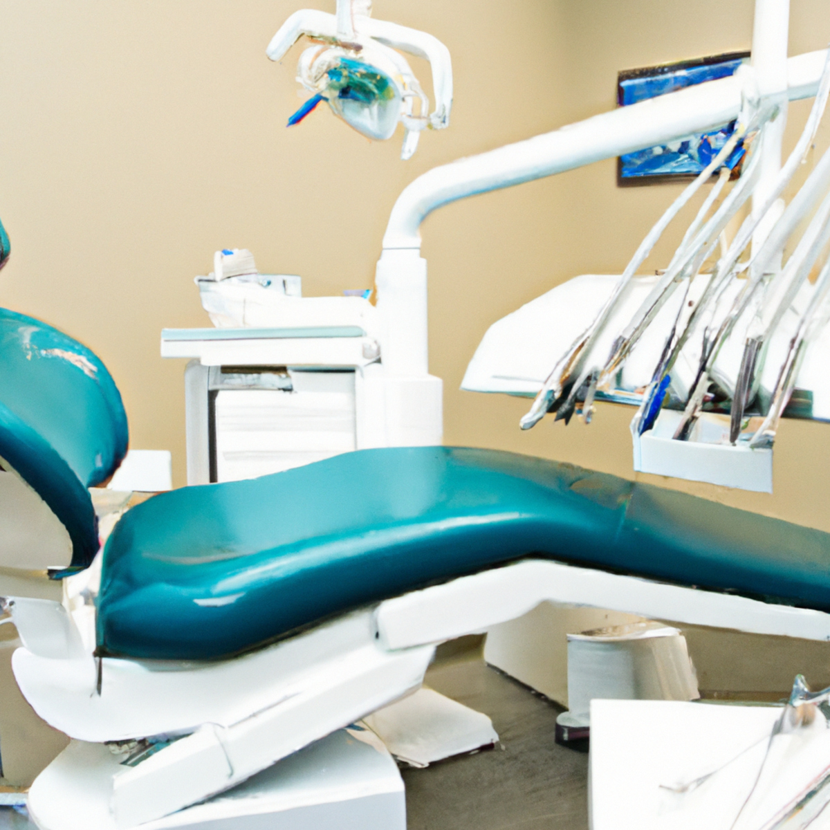 Well-equipped dental clinic with dental chair, instruments, and supplies neatly arranged on a tray. Sterile and professional environment.