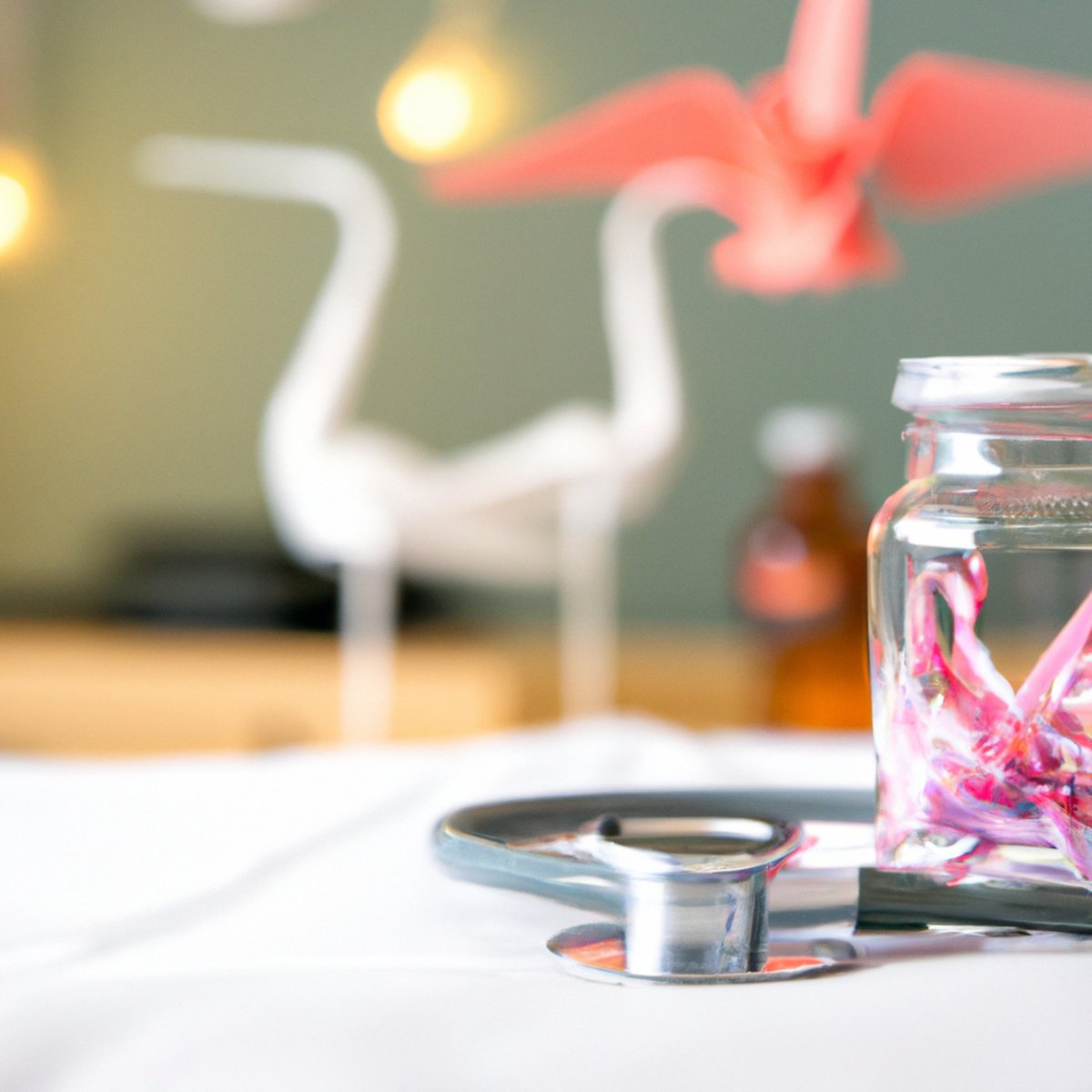 Stethoscope and jar of origami cranes on a table in a hospital - Pleuropulmonary Blastoma