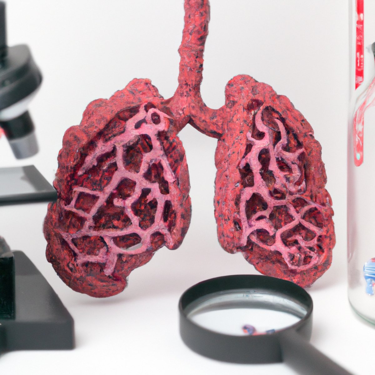 Detailed lung model with stethoscope, magnifying glass, and medical reports - Pleuropulmonary Blastoma