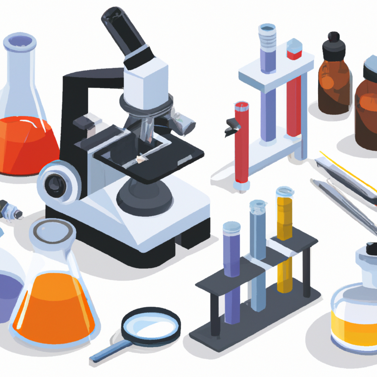 Medical equipment and laboratory tools arranged meticulously on a sterile white background, symbolizing the diagnostic process and scientific research involved in understanding Tyrosinemia.