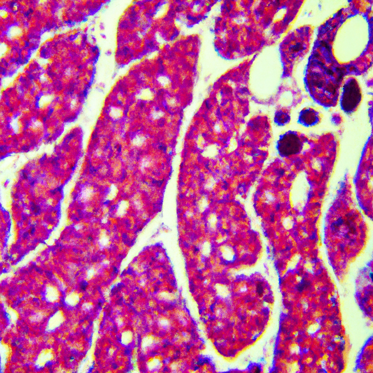 Close-up of kidney biopsy slide showing dense deposits in glomeruli, illustrating C3 Glomerulopathy.