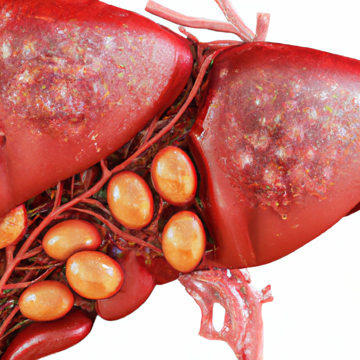Close-up of liver organ, vibrant red color contrasts with pale background, symbolizing excessive iron absorption in hemochromatosis.