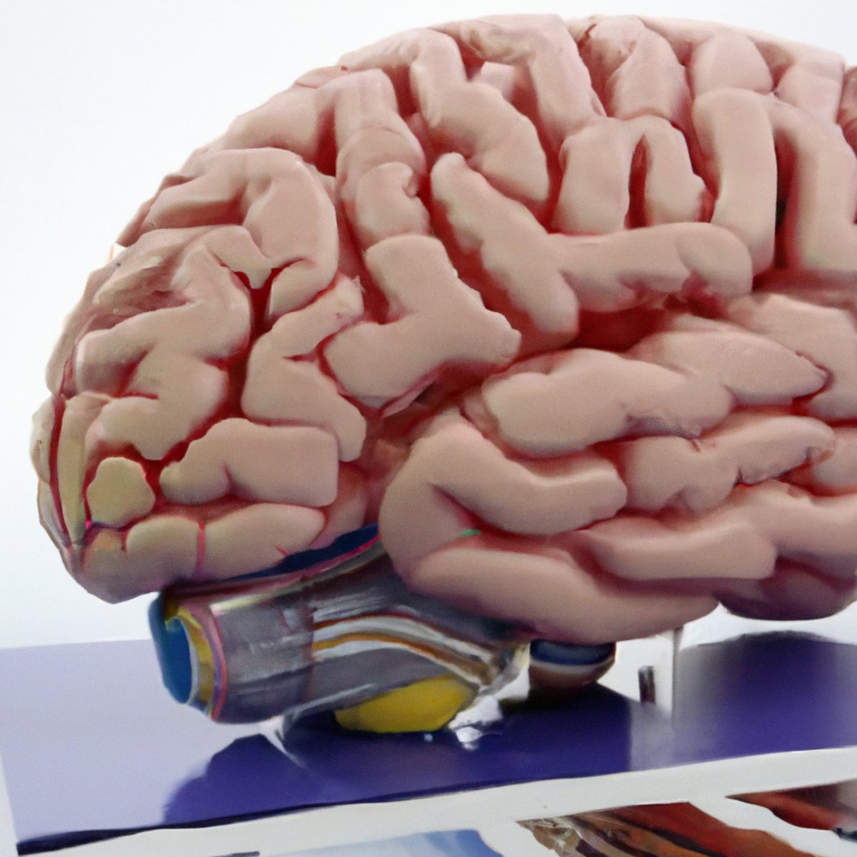 Detailed brain model on a table with lab equipment in background.
