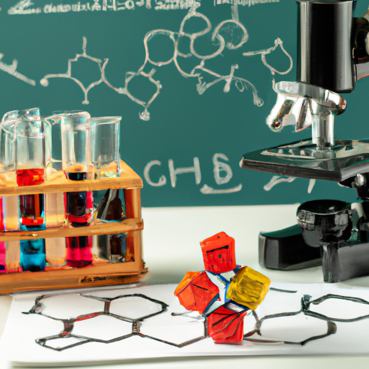 Scientific lab with microscope, brain tissue slides, test tubes, lab coat, chalkboard with brain function diagrams  - Kuru