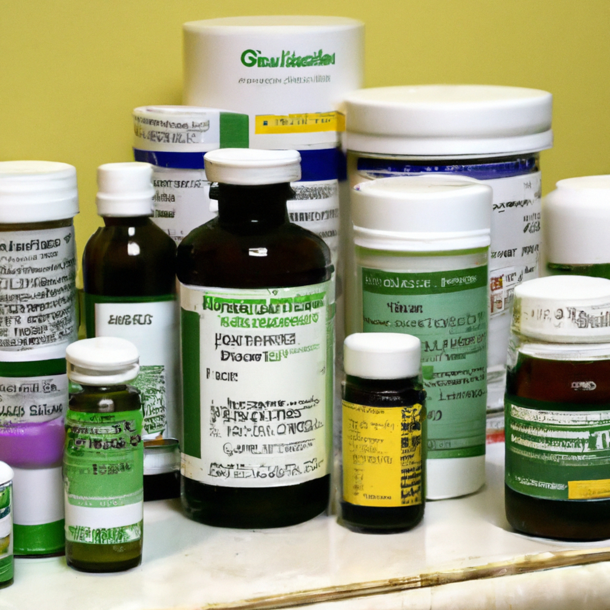 Well-organized medicine cabinet for managing tyrosinemia: prescription bottles, supplies, and dietary supplements.