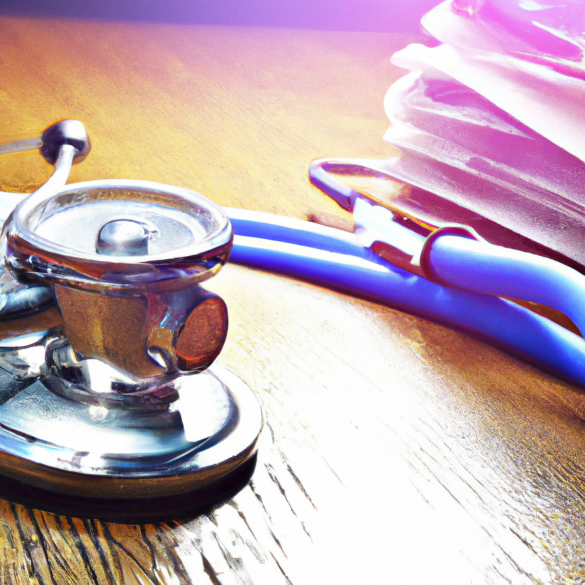 Close-up of stethoscope, heart-shaped crystal, research papers, and 3D heart model symbolize medical field's innovation in managing Danon Disease.
