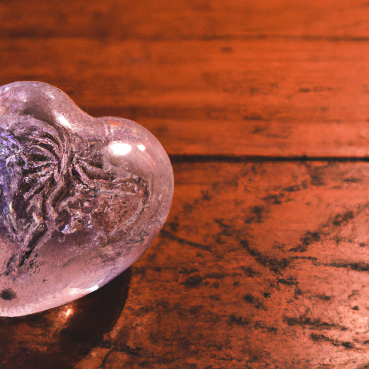 Heart-shaped glass paperweight on wooden desk, symbolizing fragility and elegance, with warm backdrop - Takotsubo Cardiomyopathy (Broken Heart Syndrome)