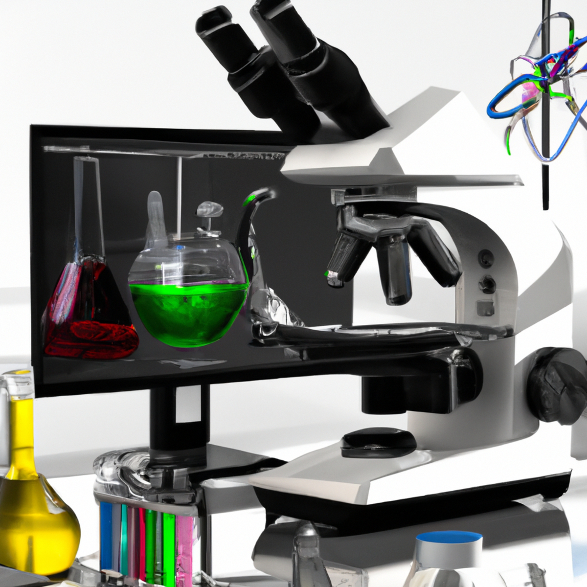 Cutting-edge lab with advanced microscope, vibrant beaker, and complex data on monitor, symbolizing innovative research and progress in cystinuria treatment.