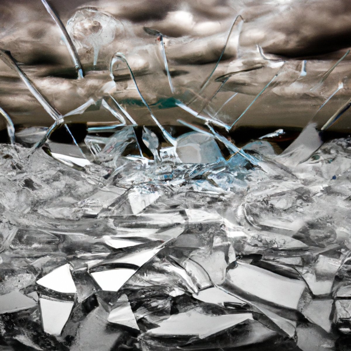 Shattered glass window on a dark floor, under a stormy sky.