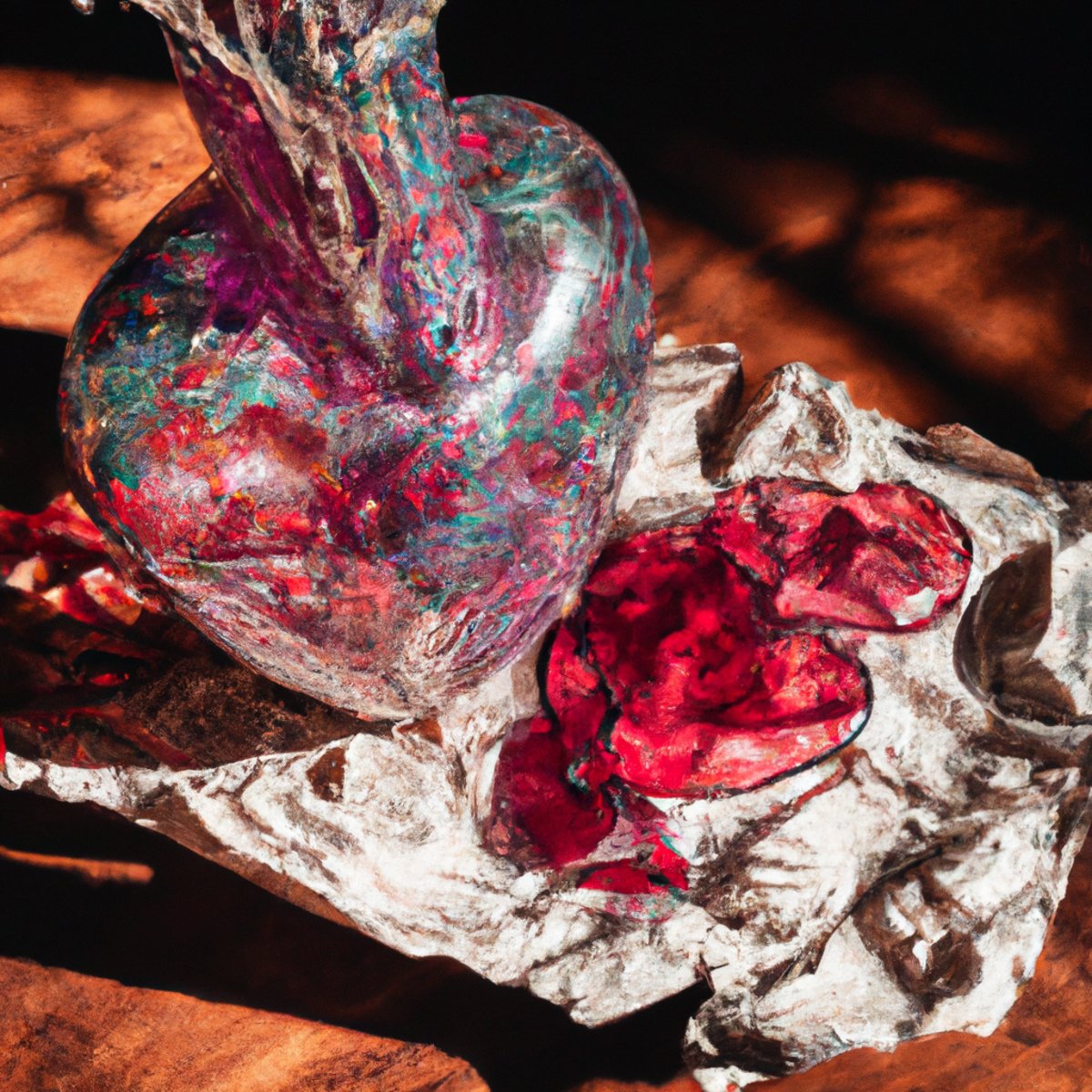 Heart-shaped glass vase with intricate patterns and vibrant colors, crumpled paper symbolizing distress, surrounded by dried flowers on a wooden table, bathed in soft sunlight - Takotsubo Cardiomyopathy (Broken Heart Syndrome)